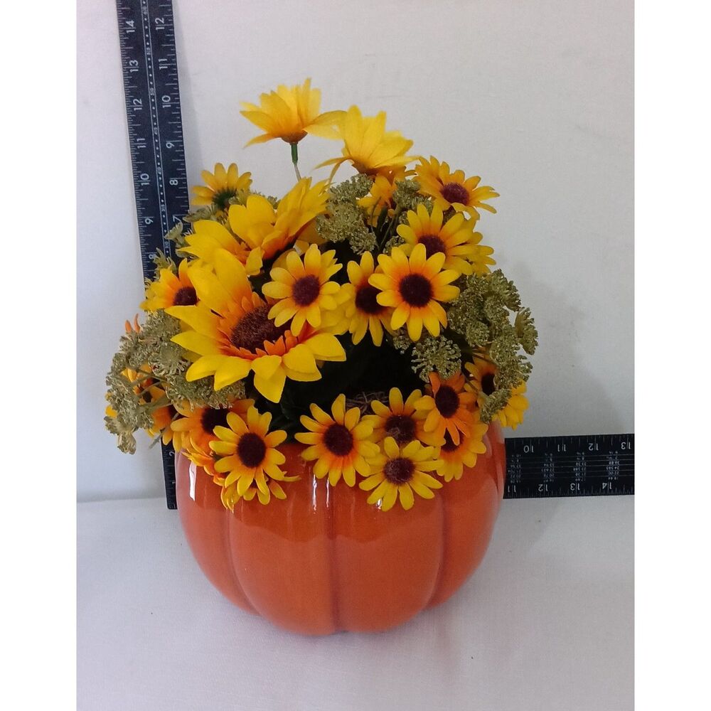 Ceramic Pumpkin Vase with Fall Sunflower Arrangement 13 Inch